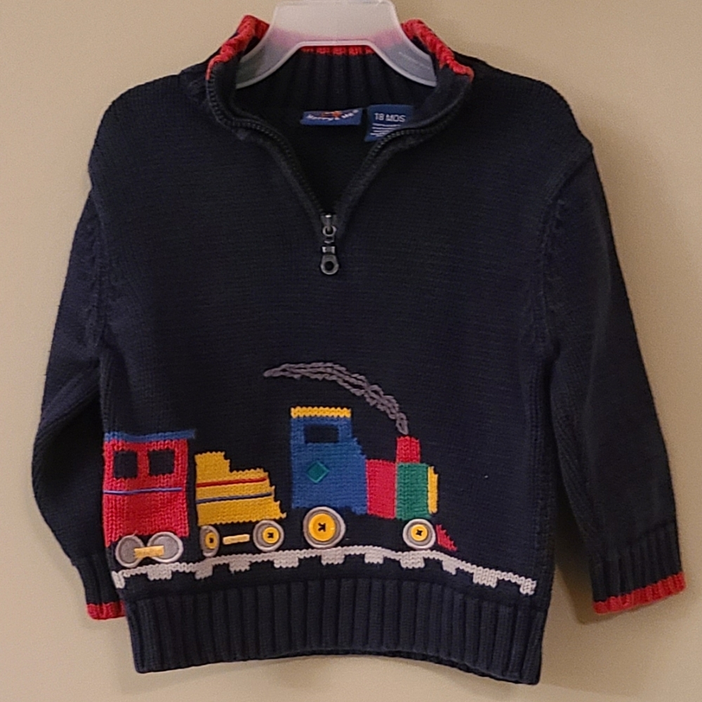 Navy knit pullover sweater with train detail